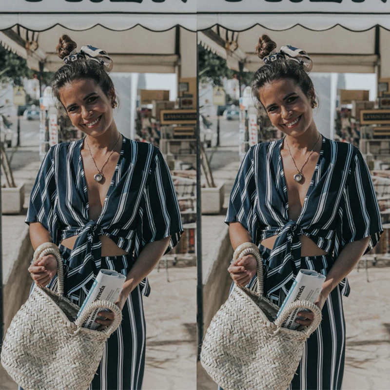 2019 Летний Новый сексуальный голый нагрудный ремень топ + свободные штаны полосатый костюм женский комплект 2 шт. G0606