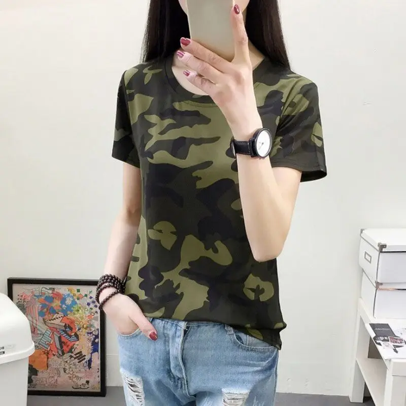 

Plus Size M-2XL WJ Summer T Shirt Women Camouflage New Arrival Fashion Printed T-shirt Woman Tee Tops Casual Female T-shirts F3