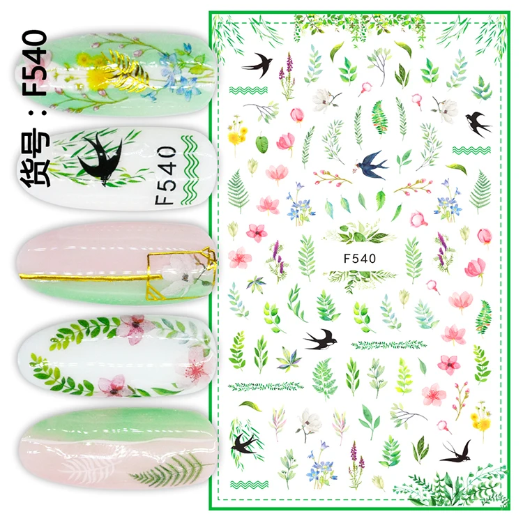 

1pcs 3D Super Thin Nail Stickers Tips Green Leaves Spring Birds Swallow Nail Art Adhesive Decals Manicure Nail Wraps