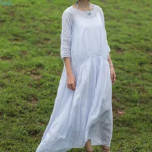 LinenAll women’s summer Pale purple sheer 100% ramie oversized maxi loose dress,O-neck three-quarter sleeve straight long dress