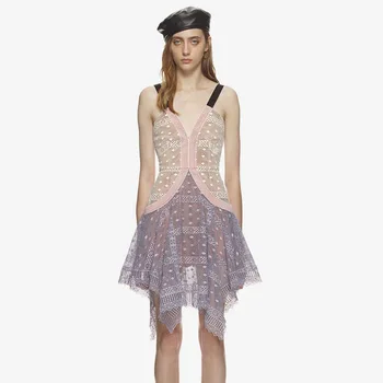 

New 2018 summer with the sweet lace flowers waist V collar pink purple Sling Dress