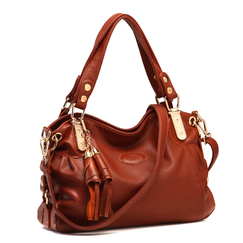 المرأة حقيقية حقائب يد جلدية عارضة البني حمل أكياس الإناث العلامة التجارية مصمم Crossbody حقيبة ساعي الأعلى مقبض حقيبة مع شرابة