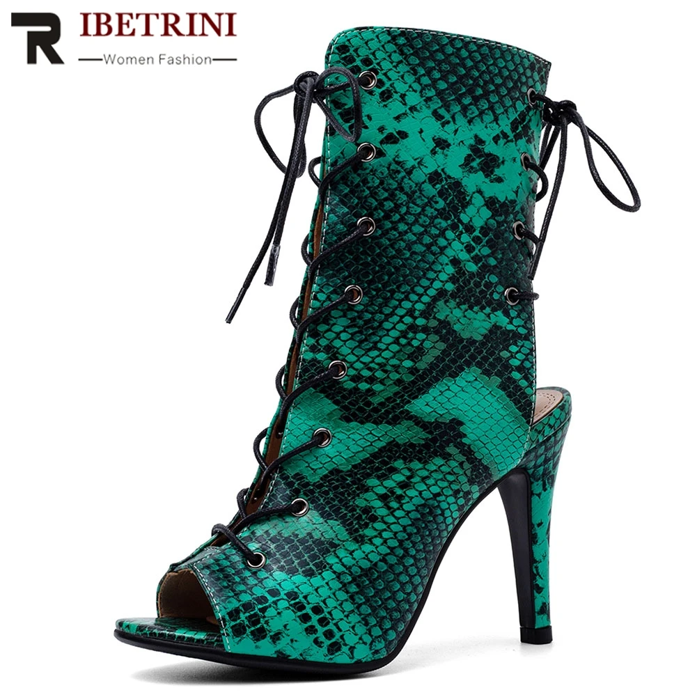 RIBETRINI New Large Size 34-43 Sexy Summer Ankle Leopard Snakeskin Boots Women Shoes High Heels Peep Toe Shoes Woman