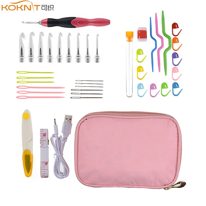 

KOKNIT Crochet Hooks Set 9pcs Interchangeable Heads USB LED Light Up Knitting Needles Yarn Weave Sewing Tool Accessory with Case