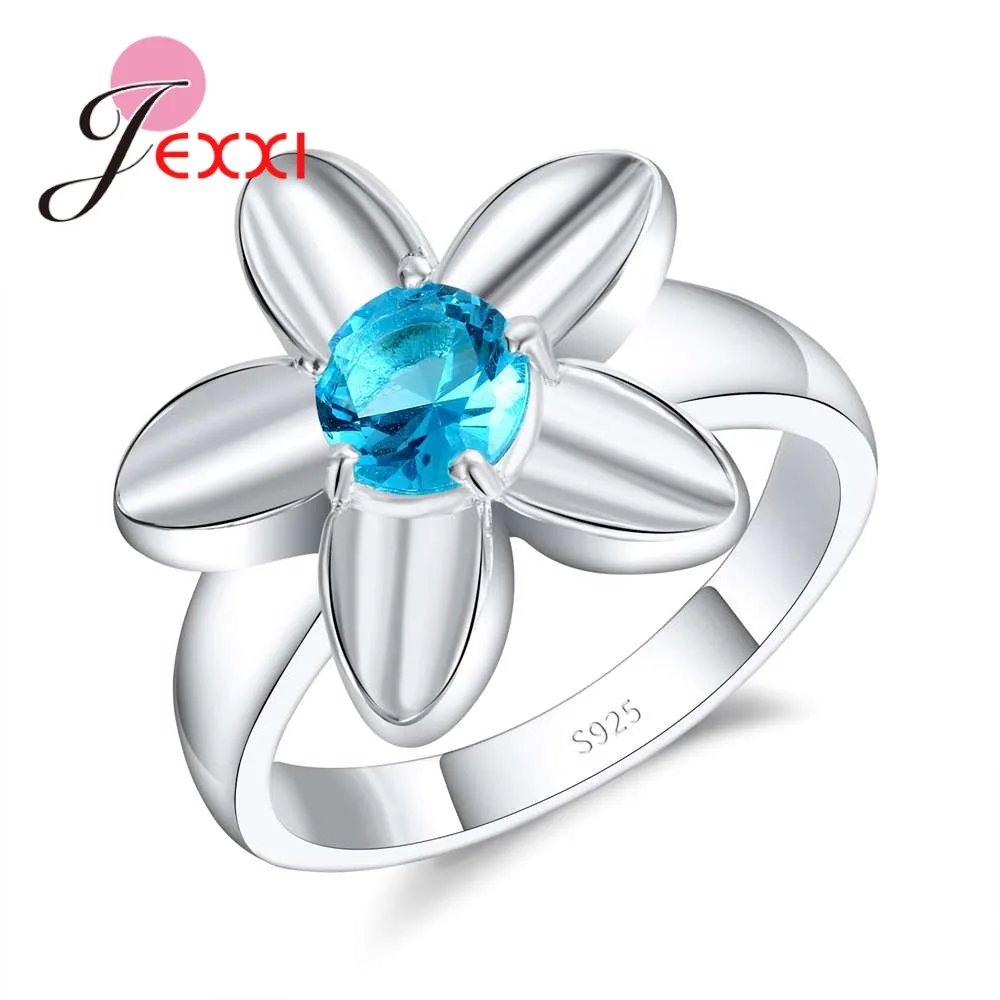 

Latest Flower Shaped Blue Crystal Wedding Ring For Girl Engagement Party 925 Sterling Silver Rings For Women Lovers Gift