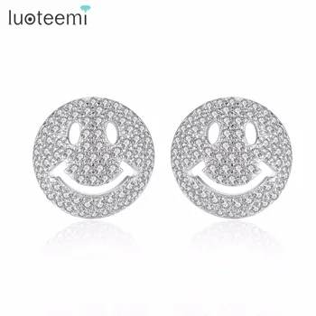 

LUOTEEMI Top Quality Tiny Zircon Crystal Micro Paved Smile Face Stud Earrings For Women Fashion Brincos Ladies Girl Gift Jewelry