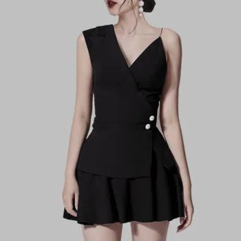 

HAMALIEL Summer Women Black 2 Piece Set Chic Black Beading Sexy Halter V Neck Shirt Tops + High Waist Mini Ball Gown Skirt Suits