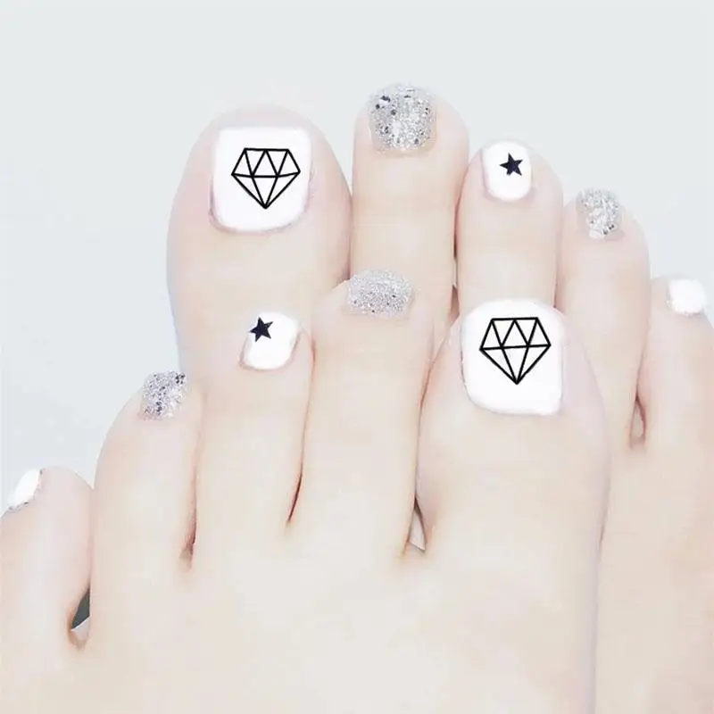 

BellyLady 24pcs/set Simple Fashion Fake Toe Nails Sticker Glitter Geometric Pattern False Nail Tips