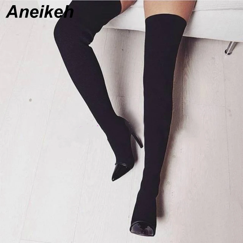 

Aneikeh Autumn Long Boots Elastic Stretch Fabric Over the Knee Boots Sexy Pointed Toe High Heel Boots for Woman zapatos mujer