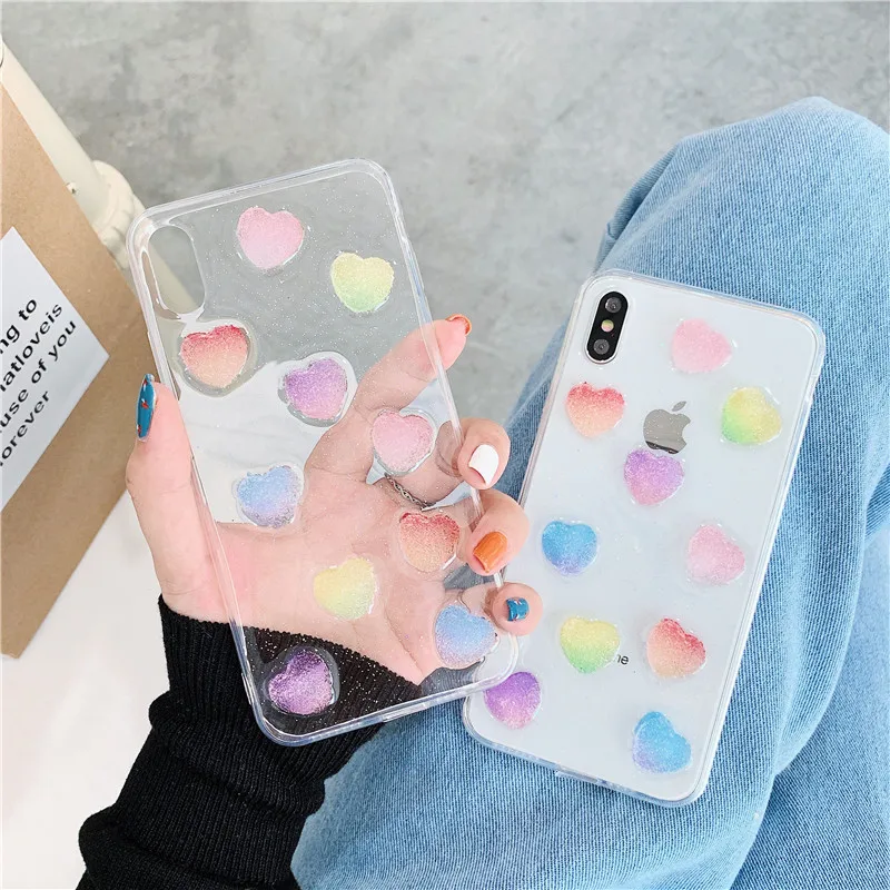 

Fresh 3D Love Heart Cover for Iphone Xs Max Case Drop Glue Bling Transparent TPU Cover for Iphone 8 7 6 6S Plus X Xr Case Fundas