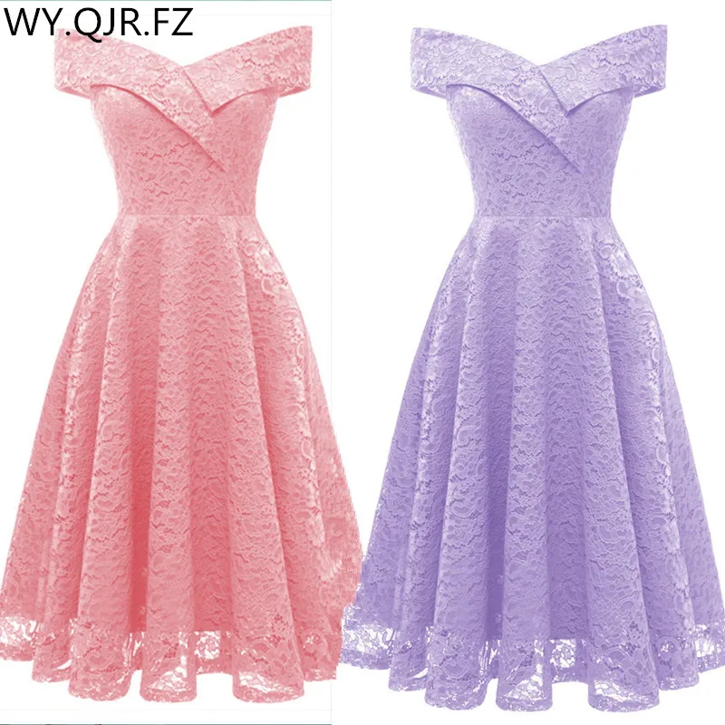 HYFZ9972F # розовые короткие кружевные платья подружки невесты с вырезом лодочкой