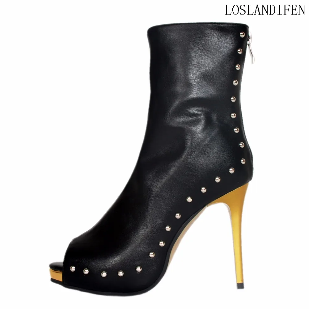 

2018 Women Ladies Handmade High Heel Boots Rivets Spikes Peep Toe Large Size Western Style Party Evening Fashion Booty A003
