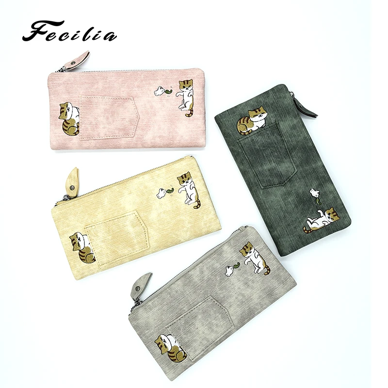 Fecilia Jeans Style women long wallet embroidered Cute cat pattern Zipper double buckle wallets Card package Hand bag Coin Purse
