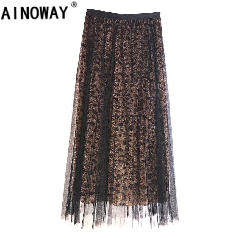 

Spring Vintage fashion Hippie women leopard printed muslin skirts cute ruffles hem sexy midi pleated skirt female oversize