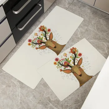 

Nordic Cartoon Deer Head Print Door Mat 46*76/46*120cm Floor Mats Kitchen Bedroom Waterproof Decor PVC Leather Carpet And Rug