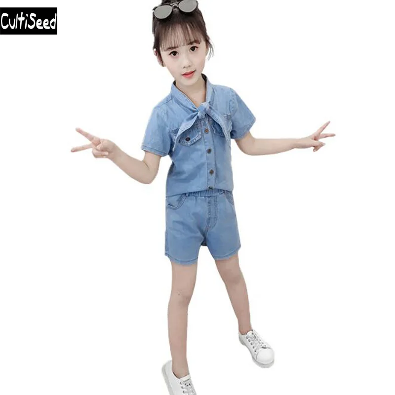 

Cultiseed Big Girls Sets Clothing Children Summer Short Sleeve Denim Jeans Set Suits Kids Bow T-Shirt+Short 2pc Sets Clothes