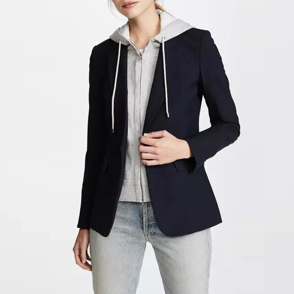 

2019 New Female Black Jacket Office Ladies One Single Button Personality Detachable Zipper Hooded Blazer Outwear Women Blazers