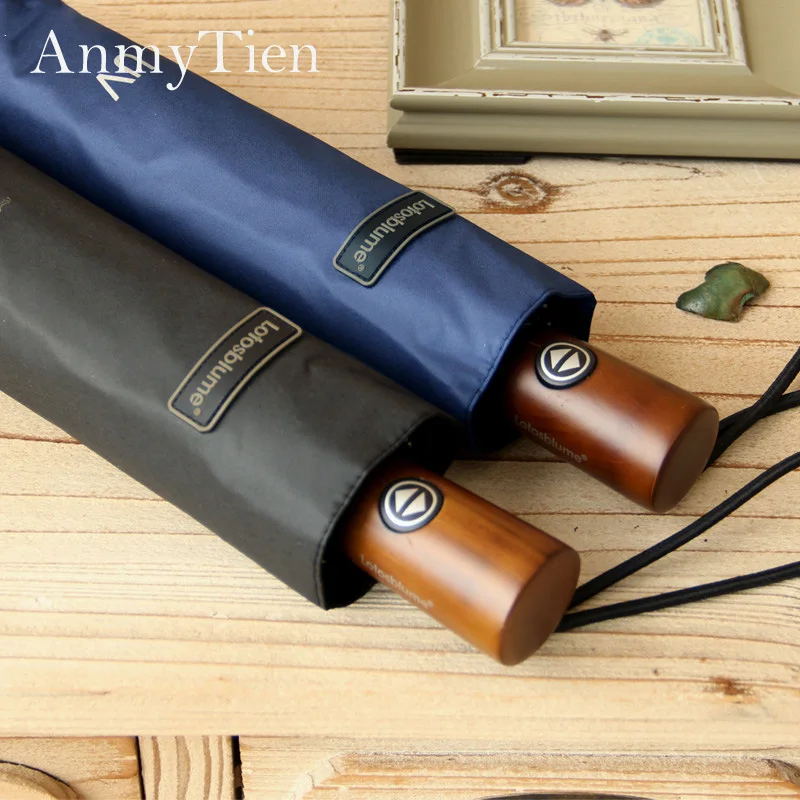 

New Man Business Sunshade Fully-automatic 3 Folding Strong Wind-proof 10 Ribs Umbrella With Straight Wooden Handle