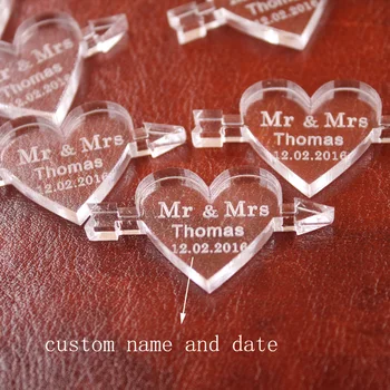 

50 pcs Personalized Engraved Clear MR & MRS Surname Arrow Through the Love Heart Wedding souvenirs Gifts Table Decoration Favors