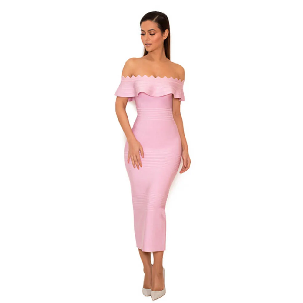 DEIVE TEGER Solid Pencil Women Dress Off Shoulder Ruffles Black Dresses Slash Neck Mid Calf Bandage dresses HL2154 | Женская одежда