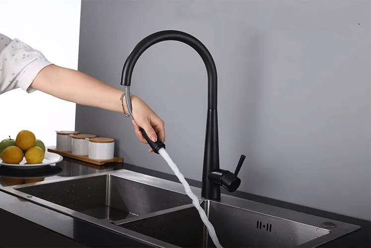 Matte Black All brass kitchen faucet pull down Mixer faucet with double mode spray