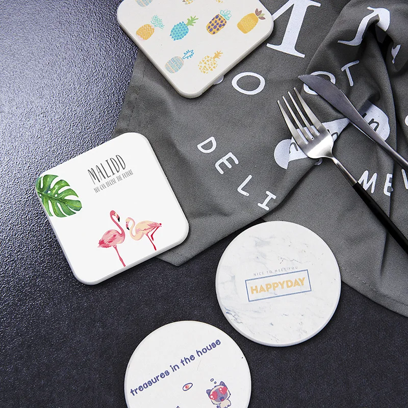 

Green Plant Flamingo Pineapple Diatom Mud Coaster Pad Marble Pattern Coffee Fast Drying Cup Mat Tea Pads Dining Placemats 1pcs