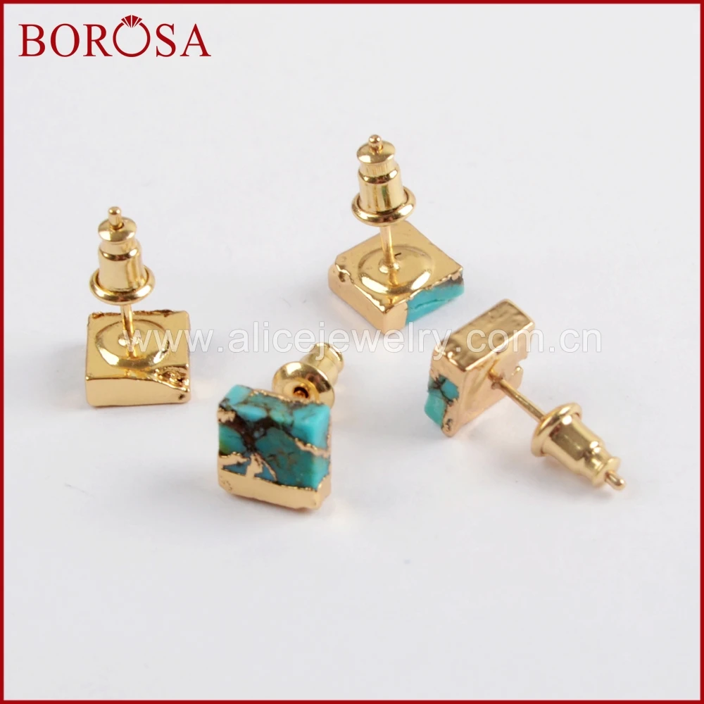 Женские квадратные серьги гвоздики BOROSA винтажные медные из натуральной бирюза