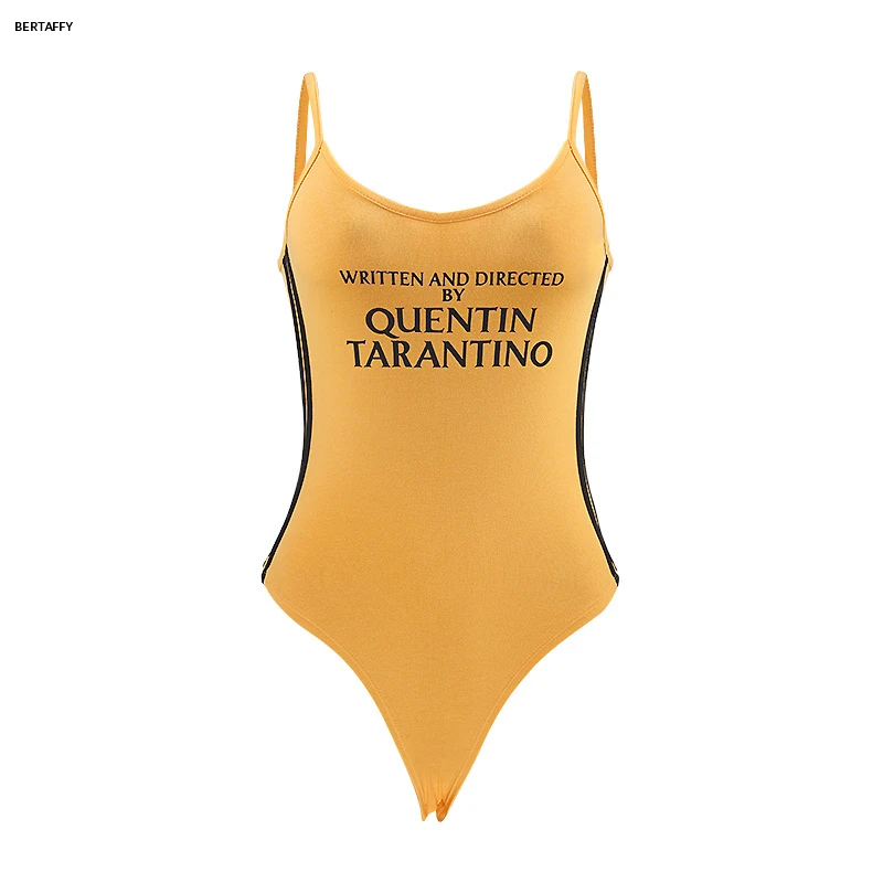 

Quentin Tarantino Jumpsuits Short T-shirt Yellow Sexy Bodysuits Tops Tumblr Women Grunge Stripe Long Sleeve Cotton Femme Rompers