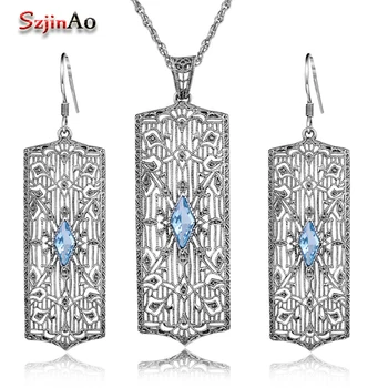 

925 Sterling Silver Costume Jewelry Sets Nigerian Wedding Women's Blue Aquamarine Bridal Retro Long Pendant/Earrings