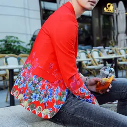 Красные мужские цветочек пиджаки Повседневное мужские стили блейзеры модные вечерние Пиджаки Slim Fit синий Сценические костюмы для певцы