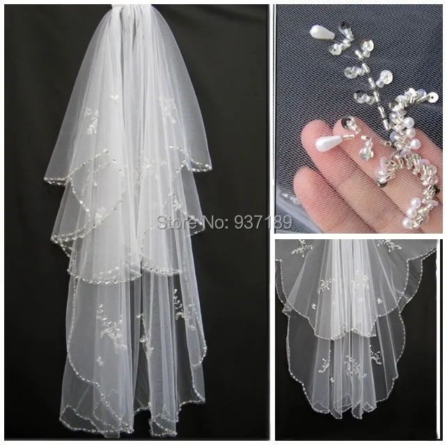 

2019 Sale Wedding Veils Long White Elegnt Mantilla Wild Two Layer Beads For Wedding Bridal Veil Free&drop Vestidos De Noiva