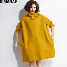 DIMANAF Vestidos Outono Mulheres Gola de Tricô De Algodão Femme Roupas Sólida Elegante Vestidos Plus Size Moda Feminina Vestido de 2018