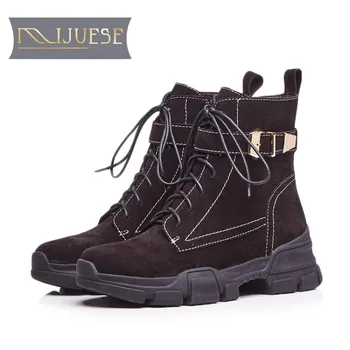 

MLJUESE 2019 women ankle boots cow suede lace up black color strange heel winter short plush women boots Dad sneakers