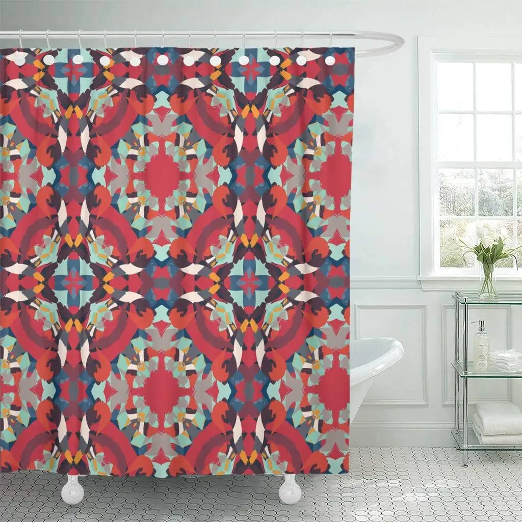 

Shower Curtain Tribal Pattern Boho Red Blue Shapes Abstract African Arabic Batik Carpet Diagonal Bathroom