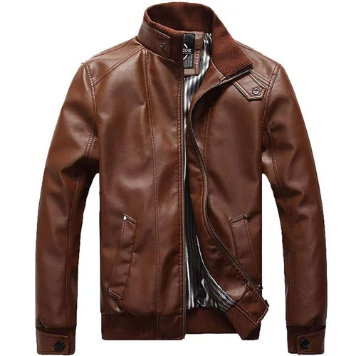 Брендовая новая кожаная мужская куртка с воротником-стойкой, мужская повседневная мотоциклетная кожаная куртка, Мужская куртка из искусственной кожи - Цвет: Коричневый