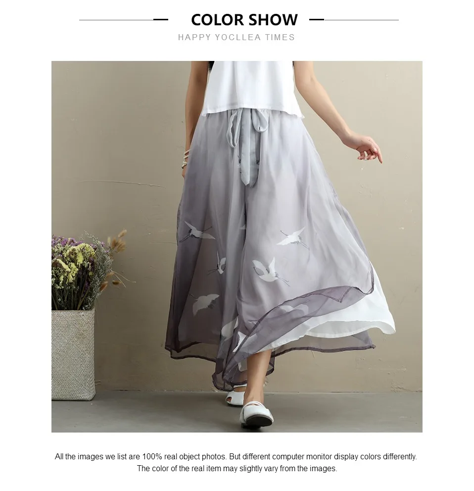 Ethnic style Hanfu Women Chiffon Trousers lady Casual Pants vintage Loose Plus size Ankle-Length Wide leg Pants capris