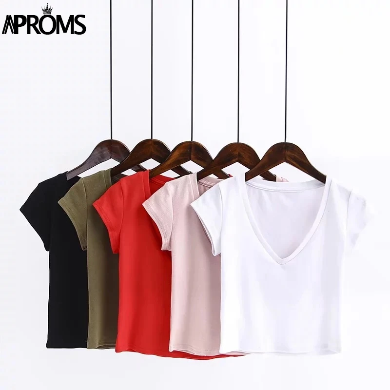 Aproms الأبيض الأساسية تي شيرت عارضة ديب V الرقبة تي شيرت رائع بأكمام قصيرة النساء الشارع الشهير المحاصيل أعلى الإناث اقتصاص التي شيرت تيز