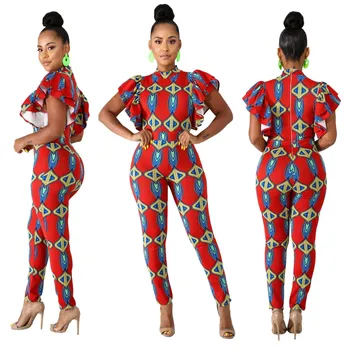 

Women Ruffles Petal Sleeve Bodycon Jumpsuit Summer Sexy Ethnic Printed Long Overalls Elegant Party Club Outfits