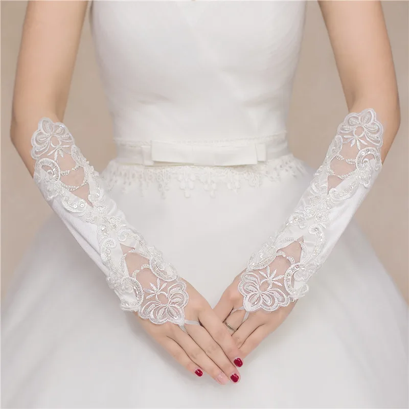 Свадебные перчатки атласные кружевные длинные пальцы Свадебные перчатки Свадебные аксессуары Luvas de Noiva