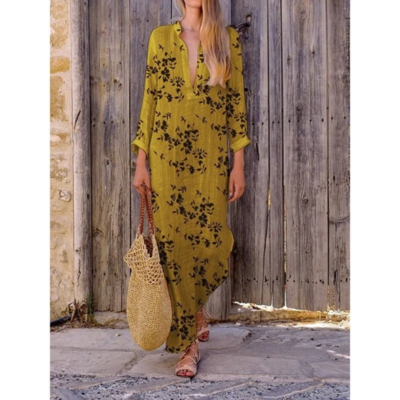 

2019 Fashion V Neck Digital Printed Dress Ruffle Loose Plus Size Long Sleeve Beach Dress Vintage Party Long Dresses Vestidos 5XL