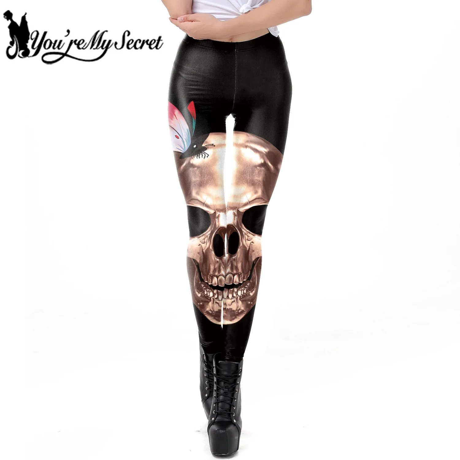 

[You're My Secret] 2019 Halloween Retro Black Metal Skull Digital Print Legging for Women Ankle Pant Fitness Workout Leggins
