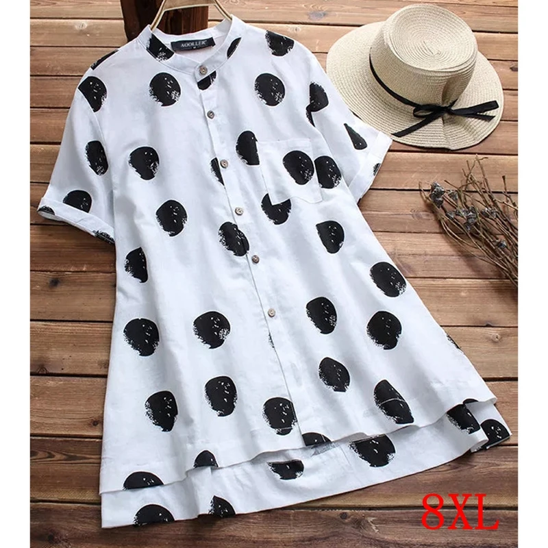 

Large size women's shirt polka dot print plus size 5XL 6XL 7XL 8XL summer women's casual short sleeve loose pocket white top