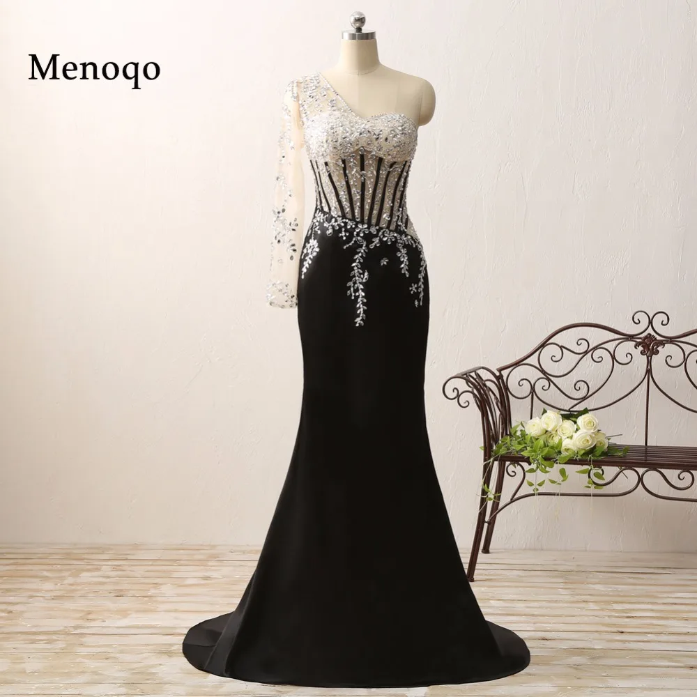 Vestido de formatura, дизайн, реальное изображение, для особых случаев, Аппликация из бисера, один рукав, Черное длинное платье русалки для выпускного вечера