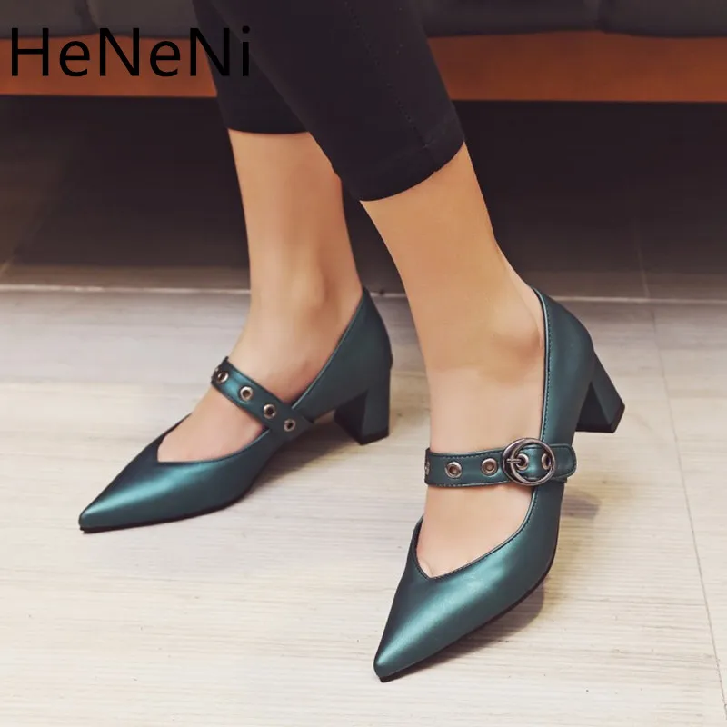 

Spring High Quality Pointed toe Buckle Square Heel Women's High heels Simple Elegant Women's Workplace Shoes 3 Colors 32-43