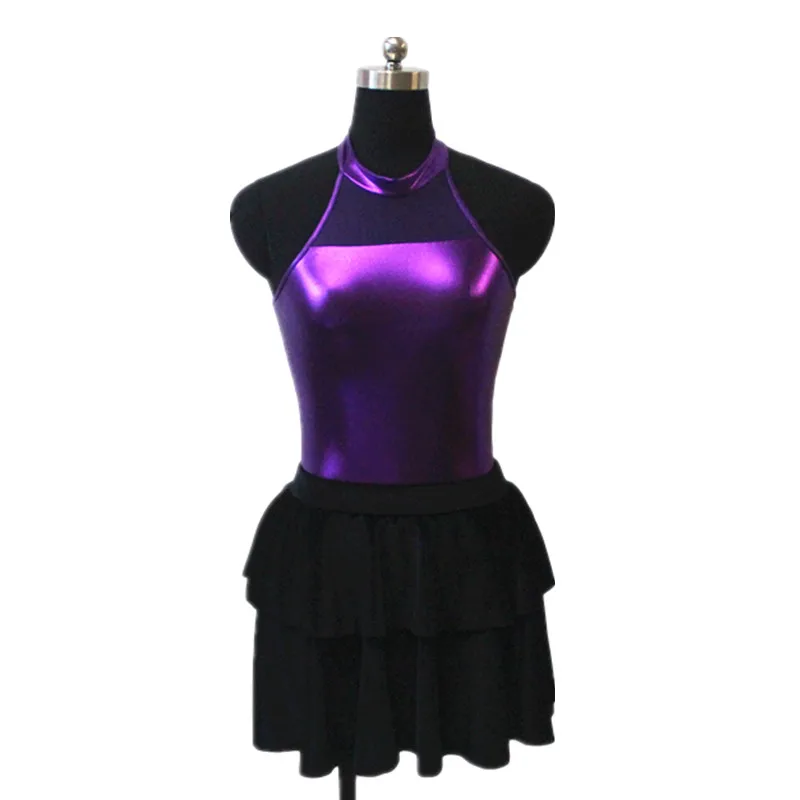 Танцевальное трико для женщин и девочек с черной сеткой и металлическим воротником, черные бархатные юбки, джазовый костюм для выступлений - Цвет: PurplewithBlack