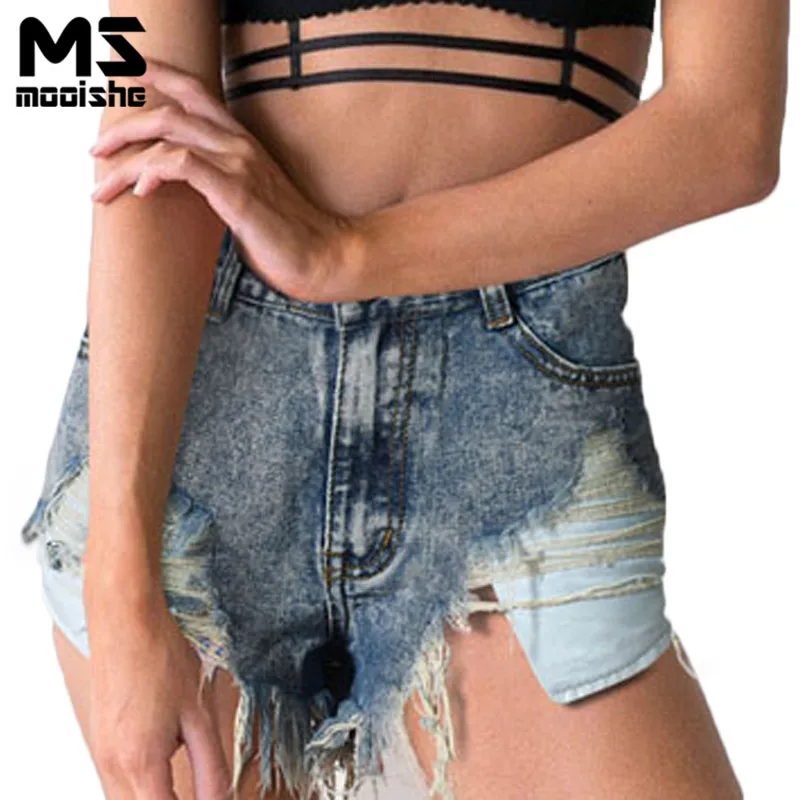 Mooishe Summer Fashion Women Denim Shorts Irregularly Leaked Bags Tassel Snowflakes Nostalgic Denim Shorts