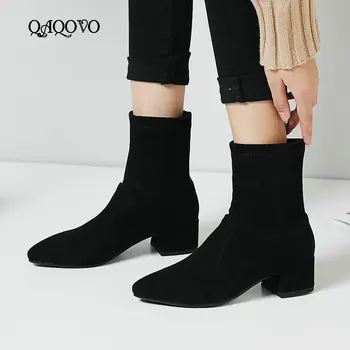 

Stretch Flock Ankle Boots Women Fashion Winter Booties Thick Low Heels Boots Slip On Casual Shoes Ladies Big Size 34-43