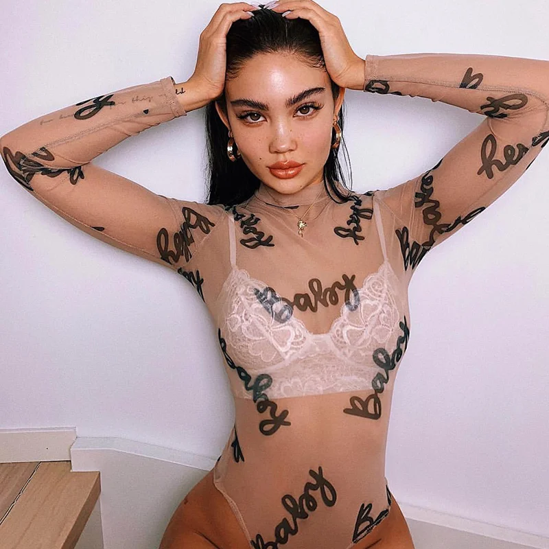 Sexy2019 new summer Mesh bodysuit women letter print longsleeve shirts body dentelle mujer combinaison femme|Bodysuits| - AliExpress