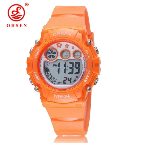 Новинка OHSEN белый резиновый ремешок цифровой светодиодный наручные часы для мальчиков Дети 50 м Водонепроницаемый Спорт на открытом воздухе мультфильм детские часы подарки - Цвет: Orange
