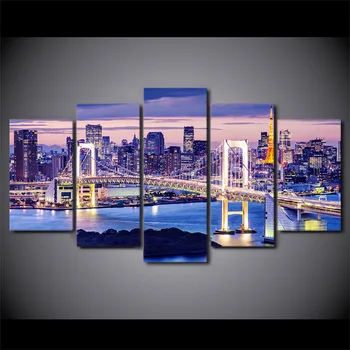 

5 Panel Framed HD Printed Sunset Bridge Tokyo Night Wall Art Canvas Modern Painting Poster Picture For Home Decor